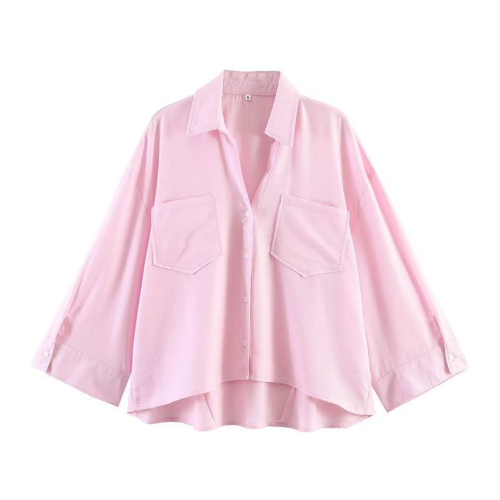 Damen Oversize-Hemdbluse mit großen Brusttaschen, überschnittener Schulter und High‑Low‑Saum Drune