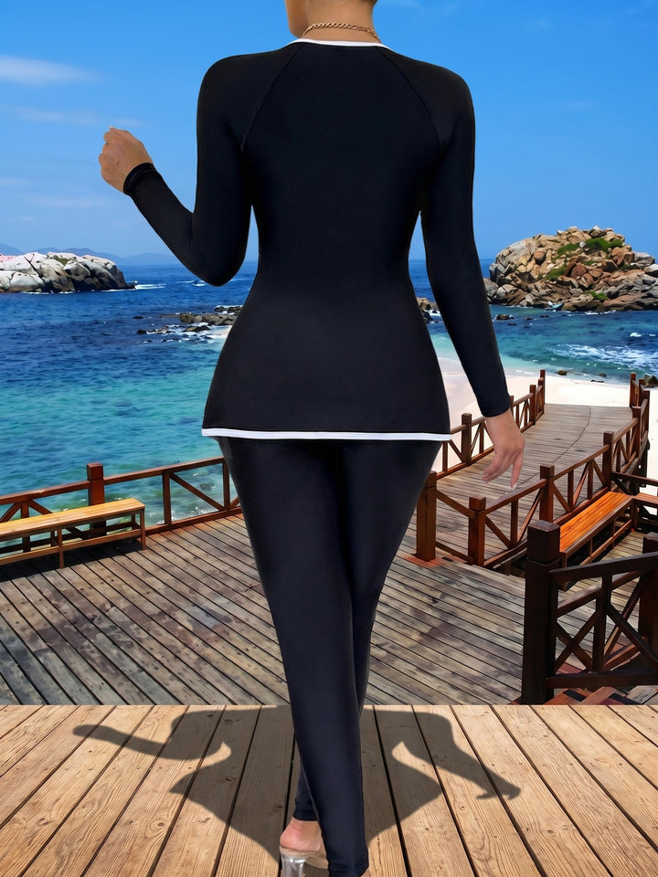 Damen modischer Langarm-Schwimmanzug mit Wickelrock Drune