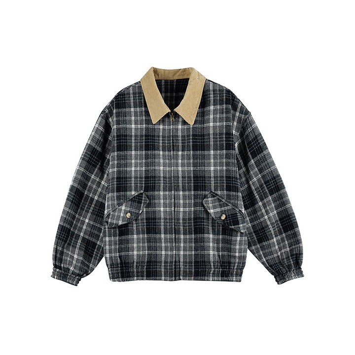 Unisex Kariertes Boxy-Überhemdjacke mit Cordkragen, verdecktem Reißverschluss und aufgesetzten Klappentaschen Drune