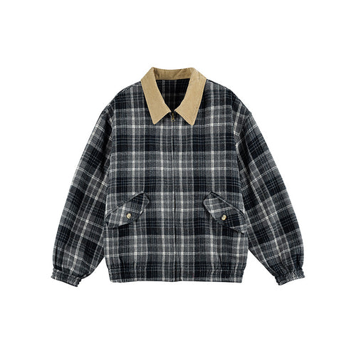 Unisex Kariertes Boxy-Überhemdjacke mit Cordkragen, verdecktem Reißverschluss und aufgesetzten Klappentaschen Drune
