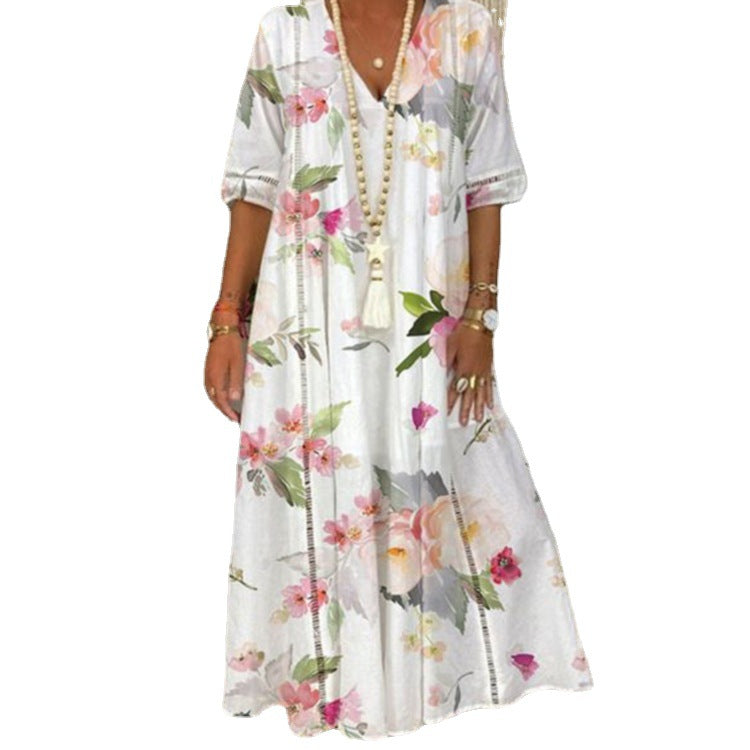Damen nan locker fließendes Kaftan-Midimaxikleid mit V-Ausschnitt, ajourbesetzten Bahnen und leichter Leinenmisch-Qualität Drune