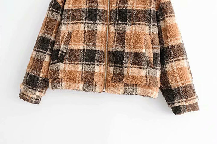 Damen Karierte Teddyjacke mit Reißverschluss, Oversize‑Schnitt und Kunstfellfutter Drune