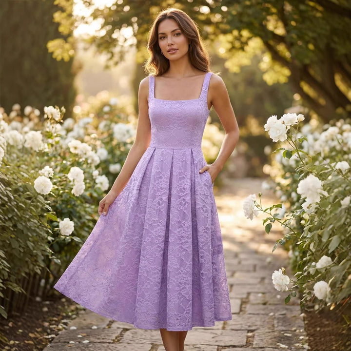 Damen Spitzen-Maxikleid im A-Linien-Stil mit tiefem Ausschnitt und taillierter Silhouette Drune