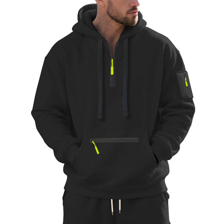 Herren Oversize-Kapuzenpullover mit halbem Reißverschluss, Kängurutasche mit Reißverschluss und Ärmel-Pocket Drune