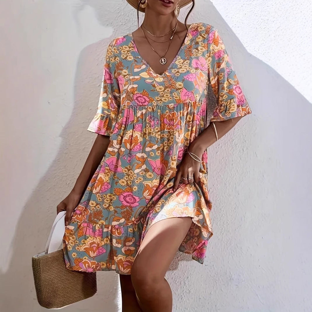Damen Freizeitkleid mit floralem Muster und voluminösem Schnitt Drune