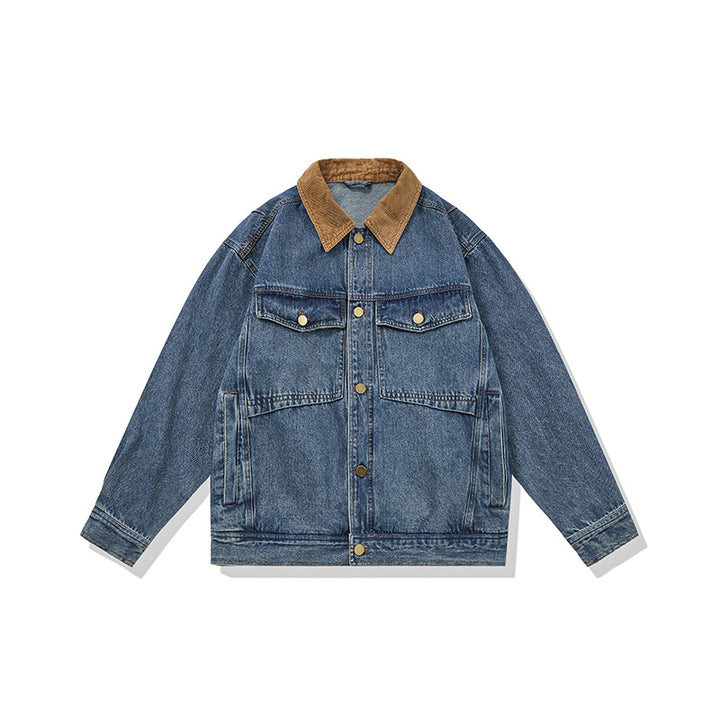 Herren Boxy Denim‑Blousonjacke mit Cordkragen und Multifunktionspattentaschen Drune