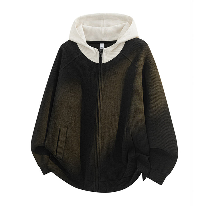 Damen Oversize Strick-Kapuzenjacke mit durchgehendem Reißverschluss, Kontrastkapuze & geripptem Strukturmix Drune