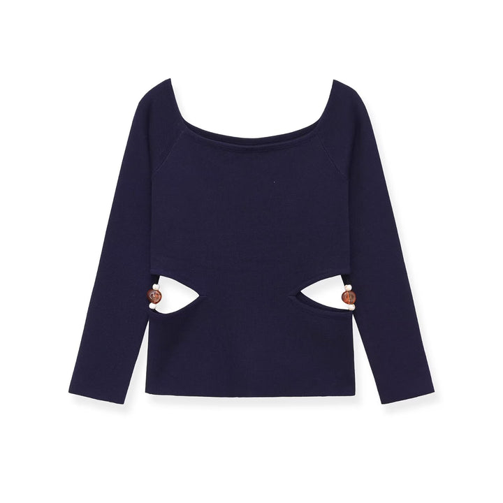 Damen Langarmshirt mit seitlichen Taillen-Aussparungen und Perlenbesatz Drune