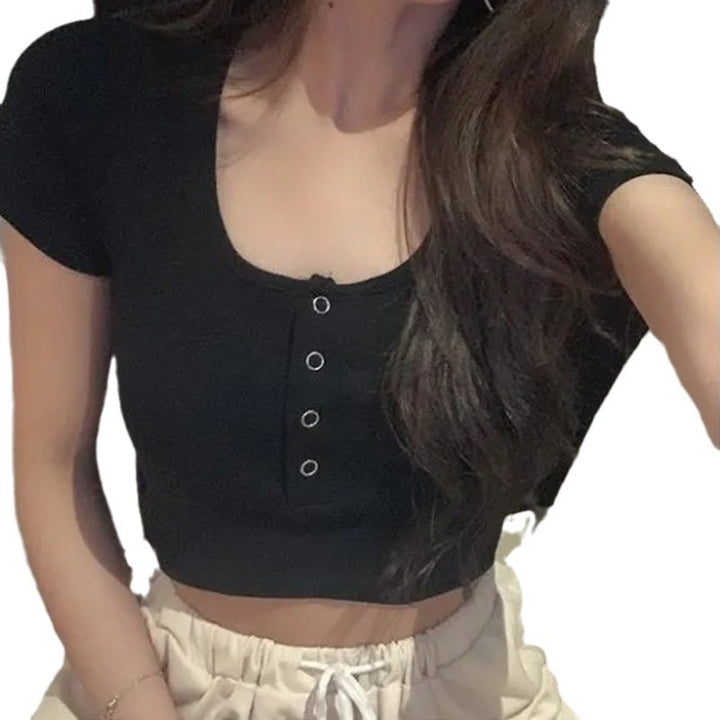 Damen Crop-Top-T-Shirt mit Knopfleiste und elastischem Bund Drune