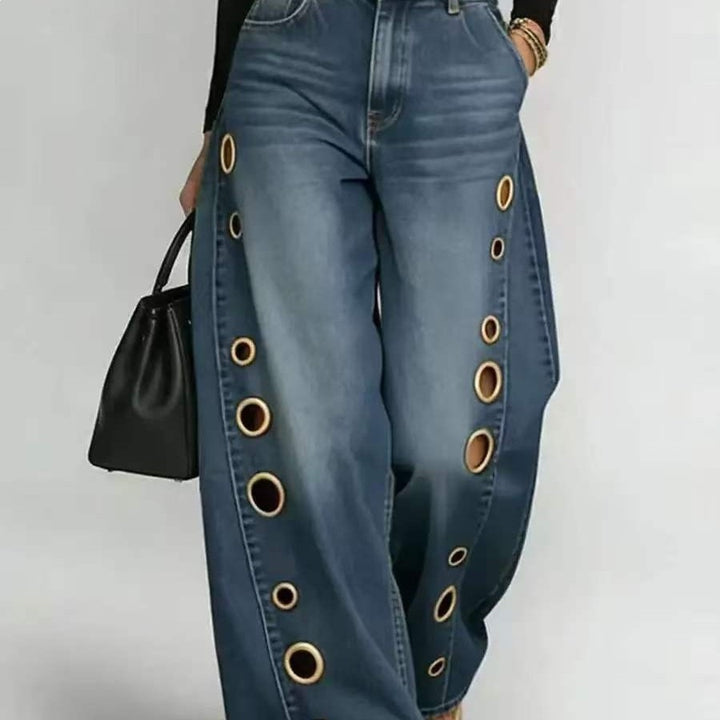 Damen Weit geschnittene Jeans mit dekorativen Ösen und hohem Bund Drune