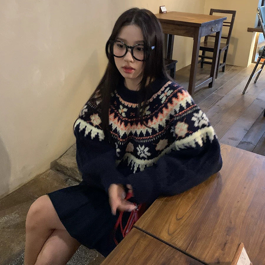 Damen Modischer Grobstrickpullover mit Norweger-Muster Drune