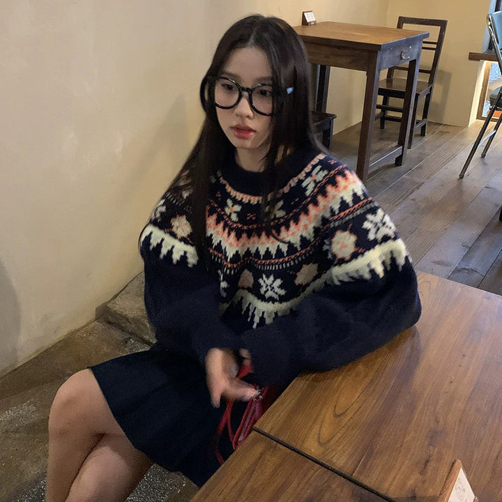 Damen Modischer Grobstrickpullover mit Norweger-Muster Drune