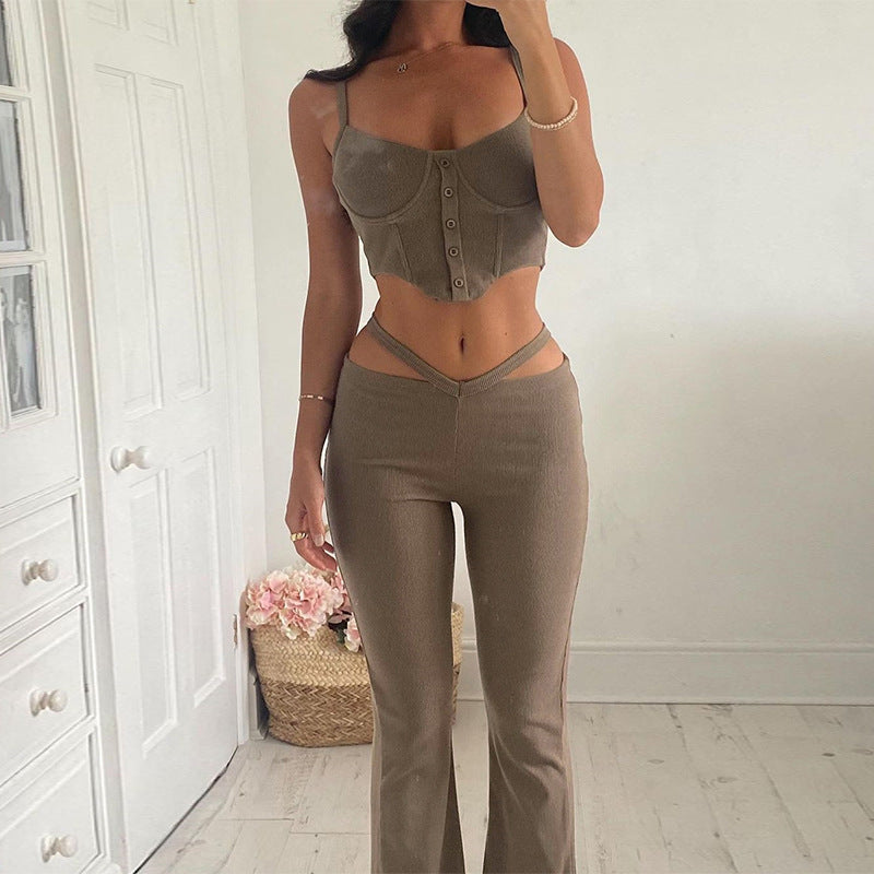 Damen modisches Crop-Top und Flared-Hosen Set Drune
