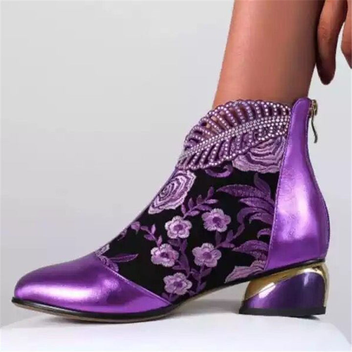 Damen nan bestickte Ankle-Boots mit Samteinsatz Perlenbesatz und skulptiertem Blockabsatz Drune