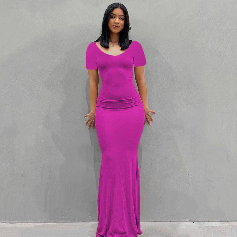 Damen Körperbetontes Maxi‑Jerseykleid mit taillierter Drapierung, langen Ärmeln und ausgestelltem Saum Drune