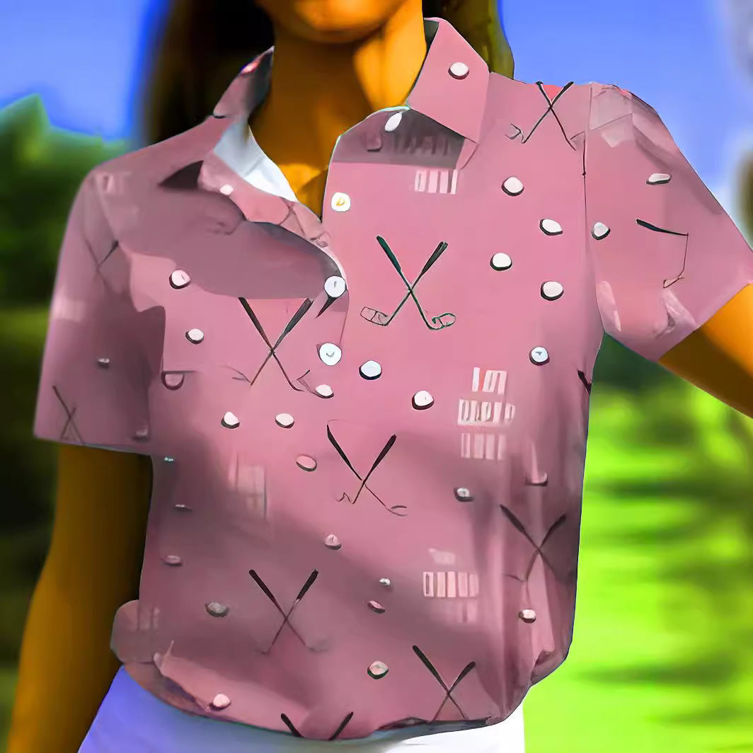Damen Kurzarm-Hemd mit modischem Golf-Print und komfortablem Schnitt Drune