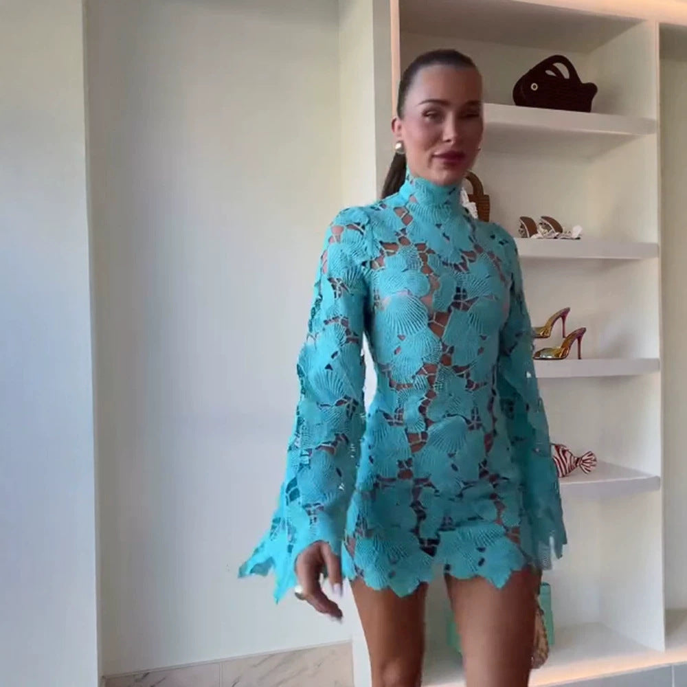 Damen Häkel-Spitzen Minikleid mit Stehkragen und Glockenärmeln Drune
