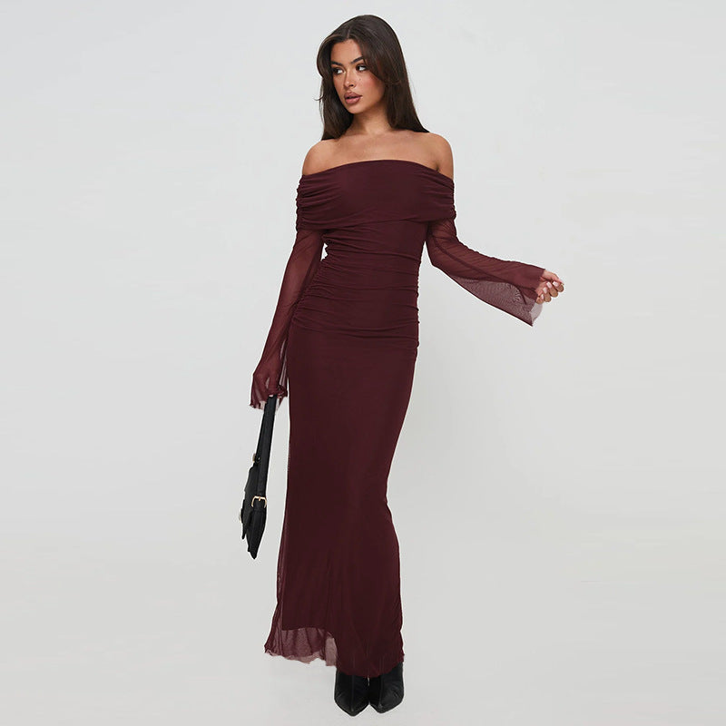 Damen Elegantes Off-Shoulder Maxikleid mit raffiniertem Rüschendesign Drune