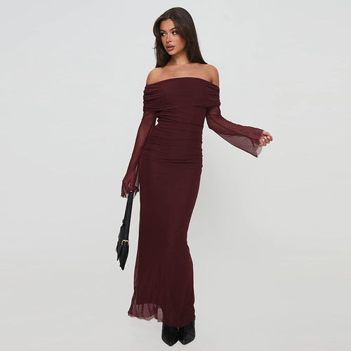 Damen Elegantes Off-Shoulder Maxikleid mit raffiniertem Rüschendesign Drune