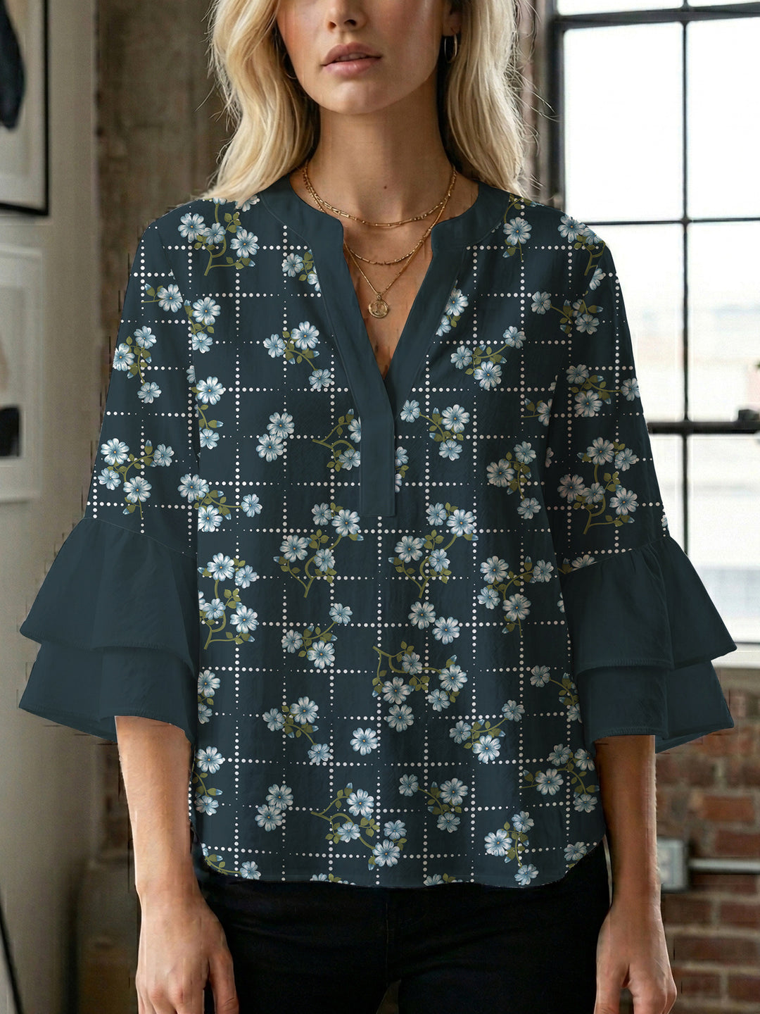 Damen Bluse mit voluminösen Ärmeln und floralem Design Drune