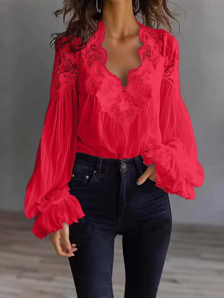 Damen Chiffon-Bluse mit Spitzen-V-Ausschnitt und weiten Plissee-Ärmeln Drune