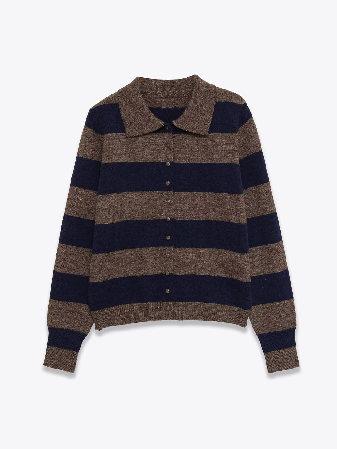 Damen Gestreifte Strickjacke mit Polokragen und Knopfleiste Drune