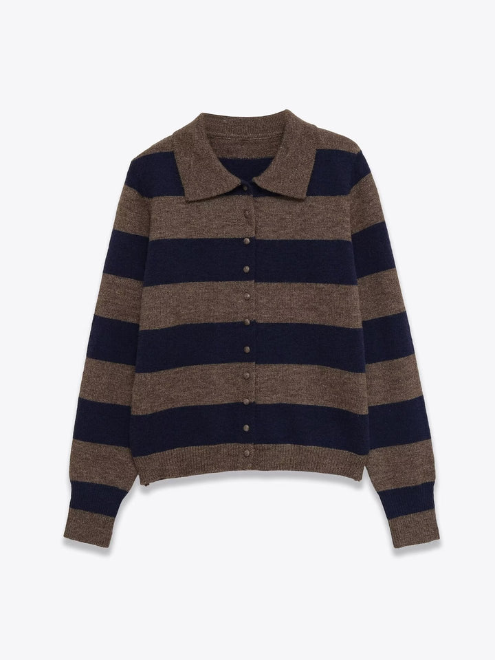 Damen Gestreifte Strickjacke mit Polokragen und Knopfleiste Drune