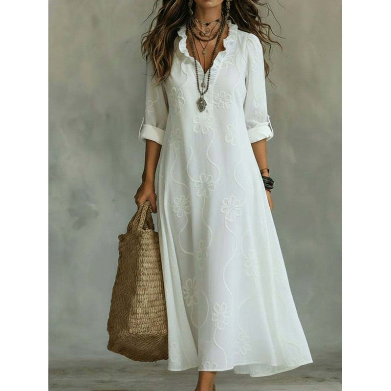 Damen Langes Boho-Maxikleid mit Blumenstickerei und V‑Ausschnitt Drune