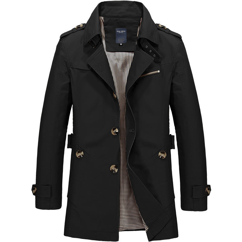 Herren moderner zweireihiger Trenchcoat mit Epauletten und kariertem Innenfutter Drune