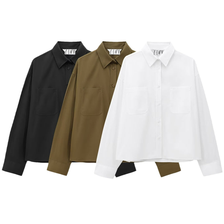 Damen Boxy-Cropped-Hemdjacke mit aufgesetzten Brusttaschen Drune