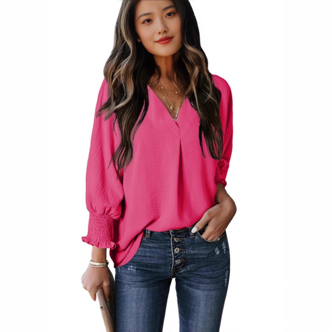 Damen V-Ausschnitt Bluse mit elastischen Ärmelbünden Drune