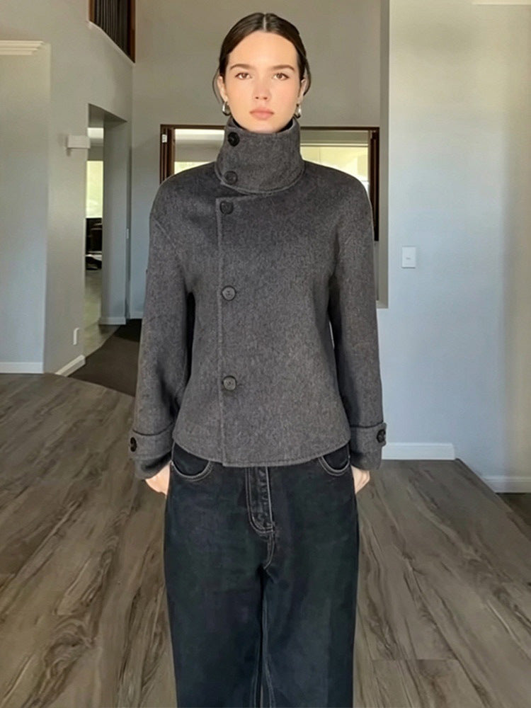 Damen Kurzer Wollmix-Mantel mit asymmetrischer Knopfleiste und hohem Stehkragen Drune
