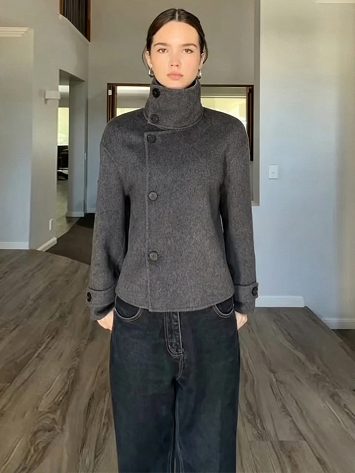Damen Kurzer Wollmix-Mantel mit asymmetrischer Knopfleiste und hohem Stehkragen Drune