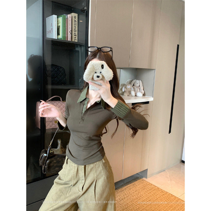 Damen Langarm-Polohemd mit stylischem Kragen und Knopfdetails Drune