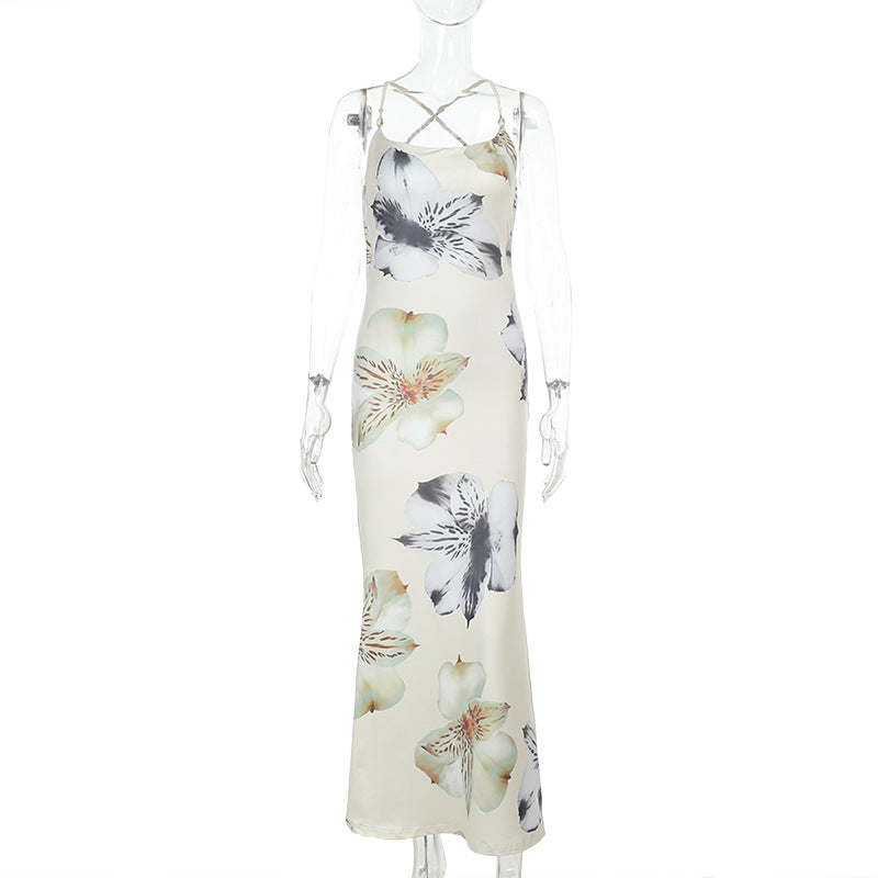 Damen elegantes Maxikleid mit floralem Muster und verstellbaren Spaghetti-Trägern Drune