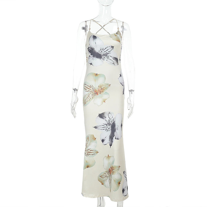Damen elegantes Maxikleid mit floralem Muster und verstellbaren Spaghetti-Trägern Drune