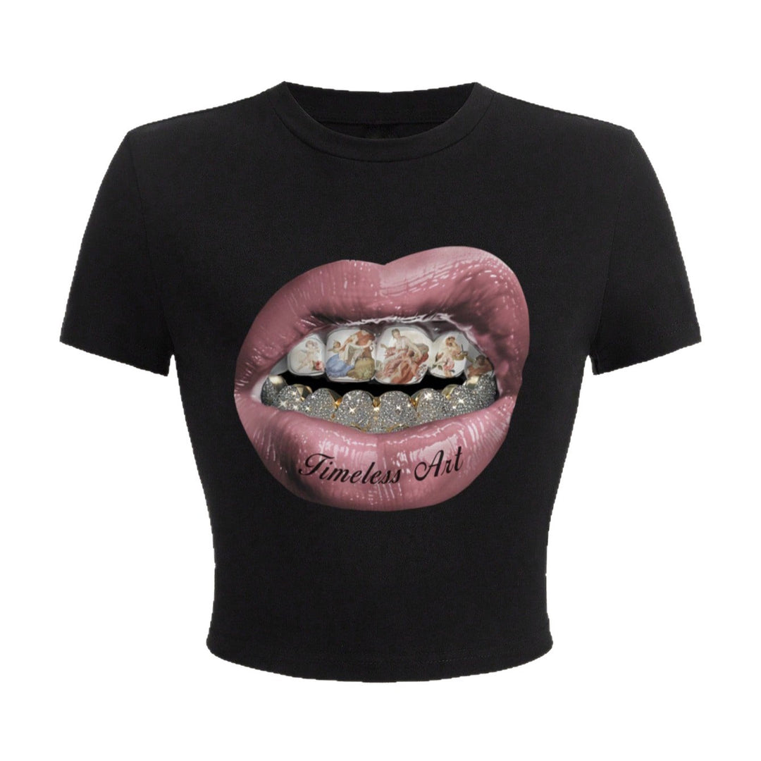 Damen Crop-T-Shirt mit kreativem Grafikdesign und einzigartigem Statement Drune