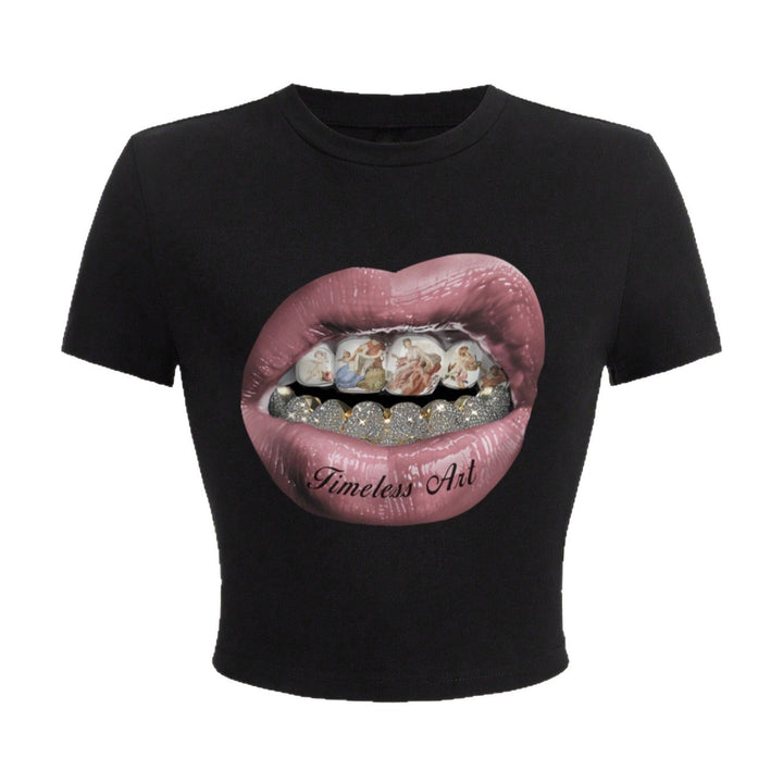 Damen Crop-T-Shirt mit kreativem Grafikdesign und einzigartigem Statement Drune
