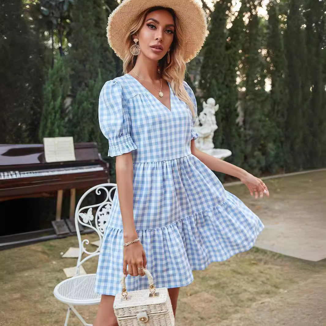 Damen Gingham-Kleid mit Volant und Puffärmeln Drune