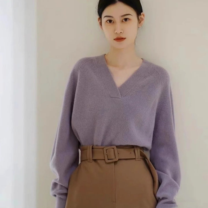 Damen Lockerer V‑Ausschnitt-Pullover aus feinem Rippenstrick mit überschnittener Schulter Drune