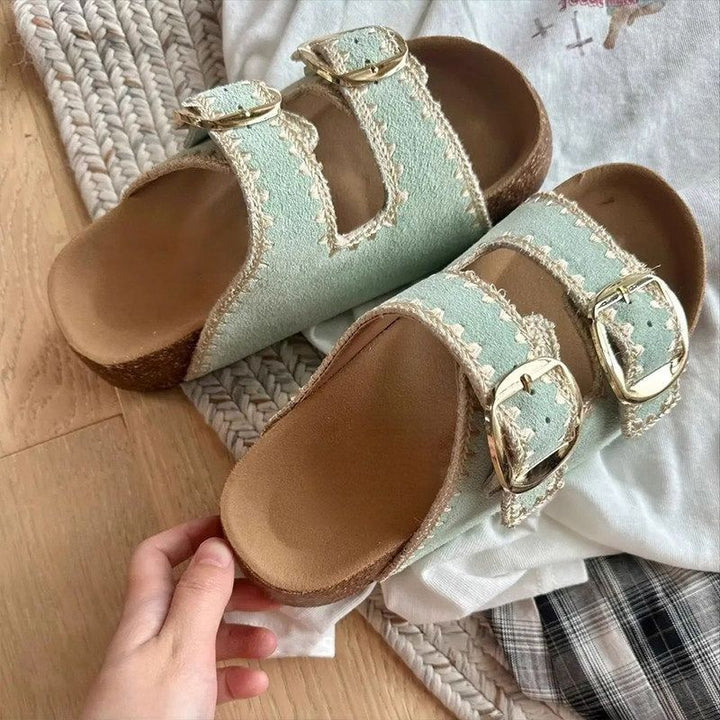 Damen Comfort-Sandalen mit zweifachen verstellbaren Riemen, gepolstertem anatomischem Fußbett und goldener Metallschnalle Drune