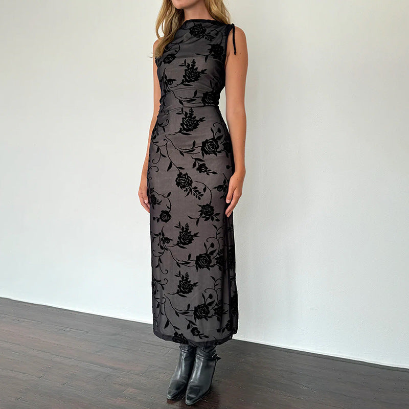 Damen Elegantes Maxikleid mit floralem Spitzenmuster und ärmellosem Design Drune