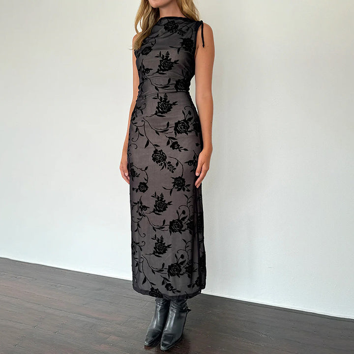 Damen Elegantes Maxikleid mit floralem Spitzenmuster und ärmellosem Design Drune