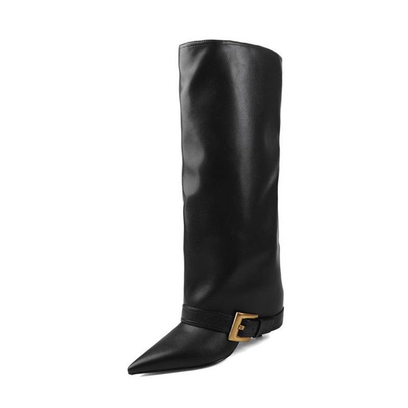 Damen Kniehohe spitz zulaufende Lederoptik-Stiefel mit schmaler Spitze und dekorativem Knöchelriemen Drune