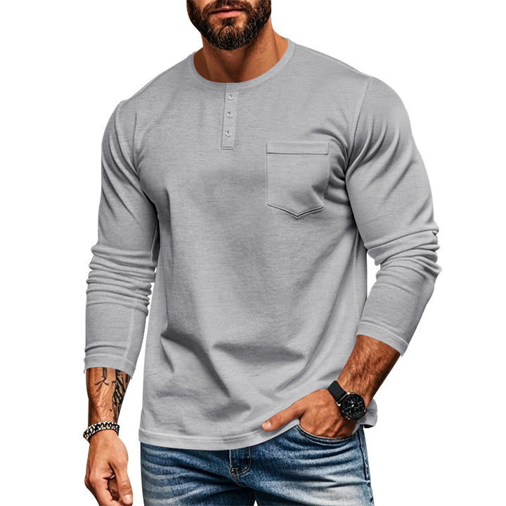 Herren nan schlankes Langarm-Buttonshirt mit kurzer Knopfleiste und Brusttasche Drune