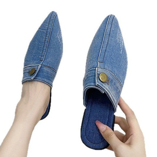 Damen Offene Mules mit elegantem Denim-Design und modischer Spitze Drune