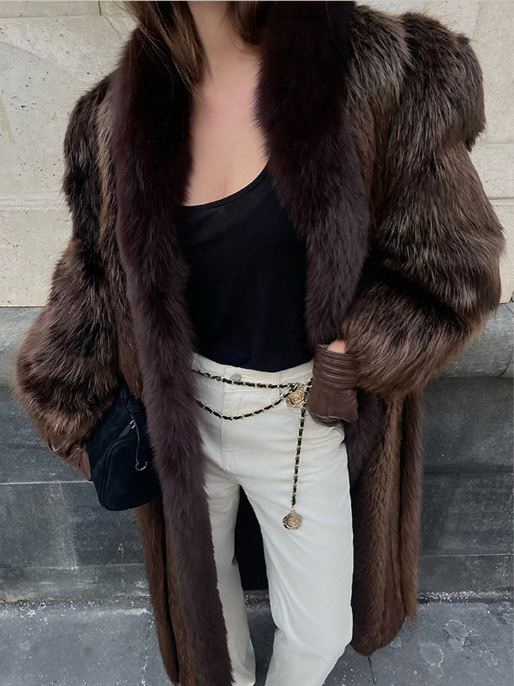 Damen Luxuriöser langer Pelzmantel mit breitem Kragen und voluminösen Ärmeln Drune
