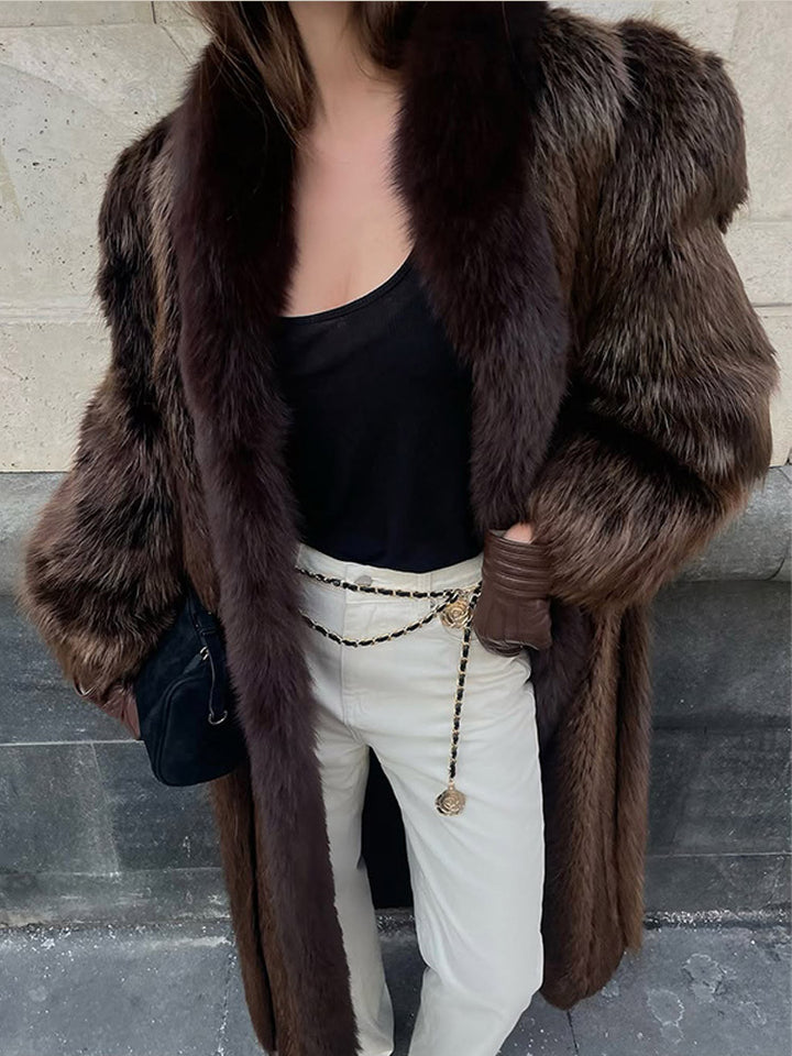 Damen Luxuriöser langer Pelzmantel mit breitem Kragen und voluminösen Ärmeln Drune