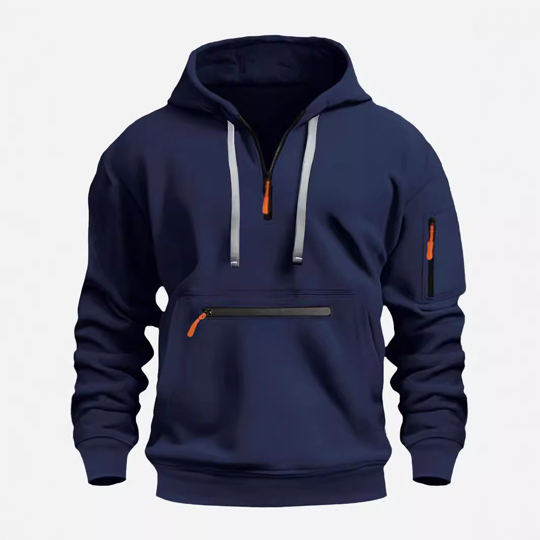 Herren nan technischer Halbzip Kapuzenpullover mit frontaler Reißverschlusstasche und Ärmel-Tasche Drune