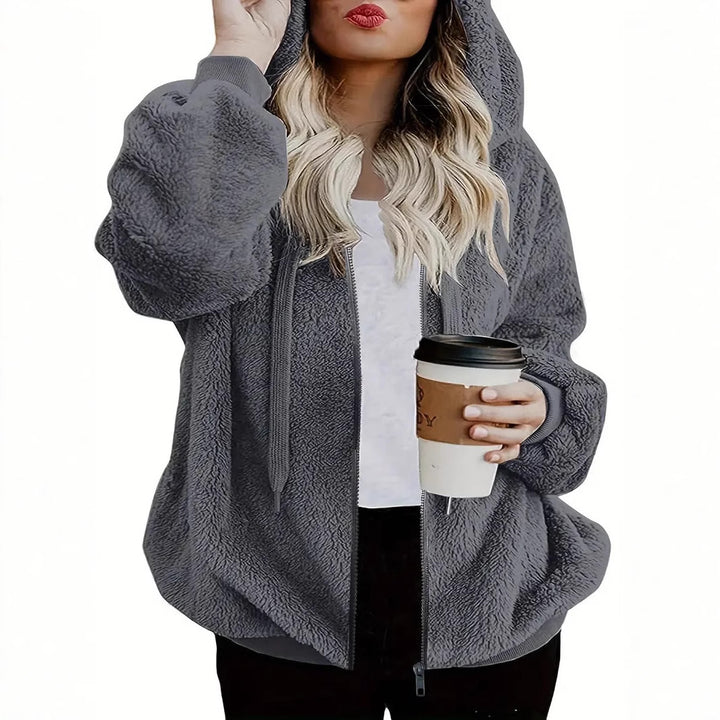 Damen Flauschige Kapuzenjacke mit Reißverschluss und praktischem Design Drune